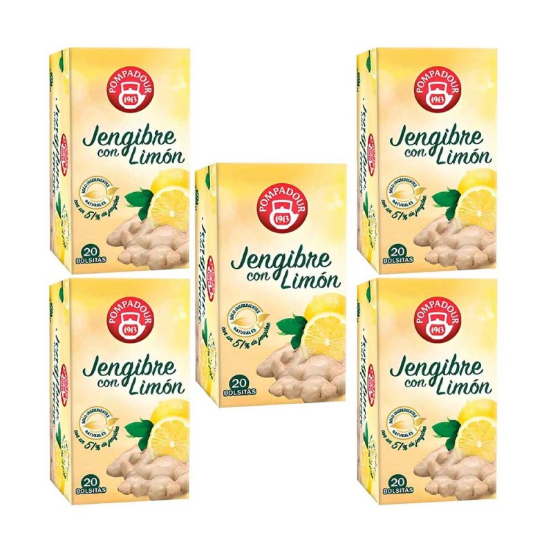 5 cajas de  Jengibre con Limón Pompadour 20 infusiones 8412900401184