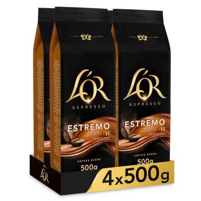 ESTREMO Espresso 4 paquetes de 500 gr. Café en grano L'or INTENSIDAD 11 ESTREMO Espresso 4 paquetes de 500 gr. Café en grano L'or INTENSIDAD 11