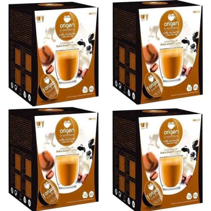 4 cajas de Café con leche, 16 cápsulas Origen & Sensations compatibles Dolce Gusto