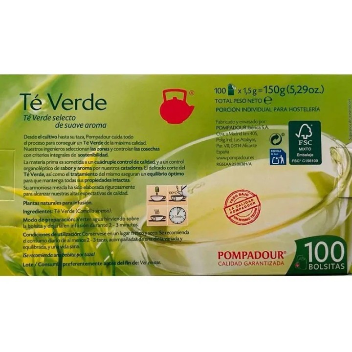 Infusión Té Verde Pompadour 100 Bolsitas Especial Host – ...