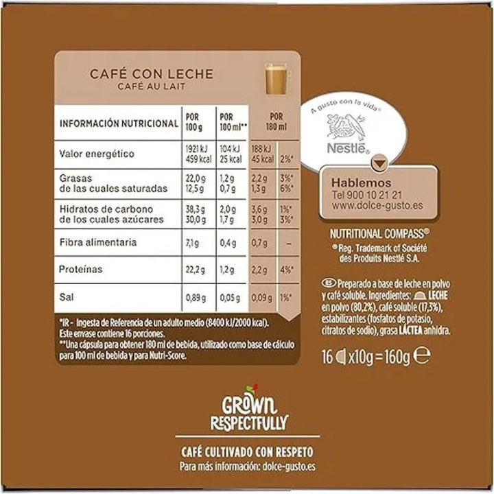 Información nutricional Café con Leche Dolce Gusto