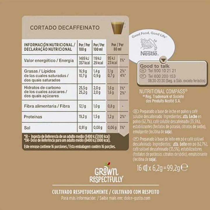 Valor energetico Descafeinado Café Cortado 16U. Dolce Gusto