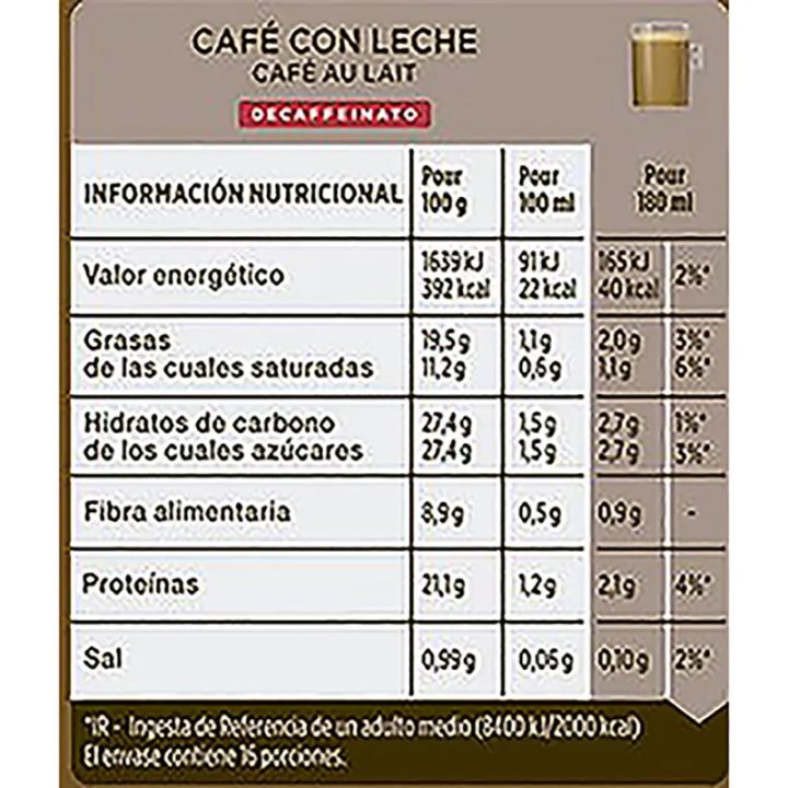 Valor Energético Descafeinado Café con leche 16U. Dolce Gusto