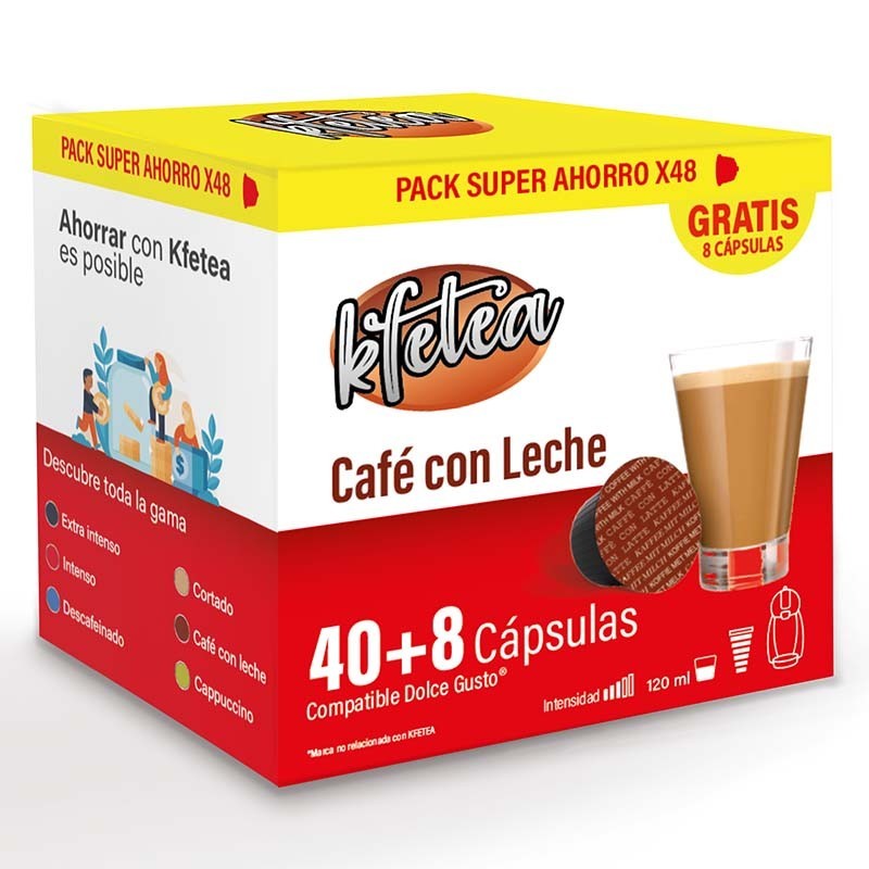 Café con Leche Dolce gusto compatible marca Kfetea 48 cápsulas, Formato Super Ahorro