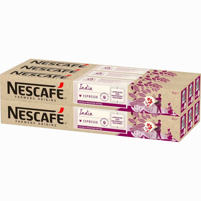 6 tubos India Nescafé, 10 cápsulas Nespresso aluminio intensidad 9