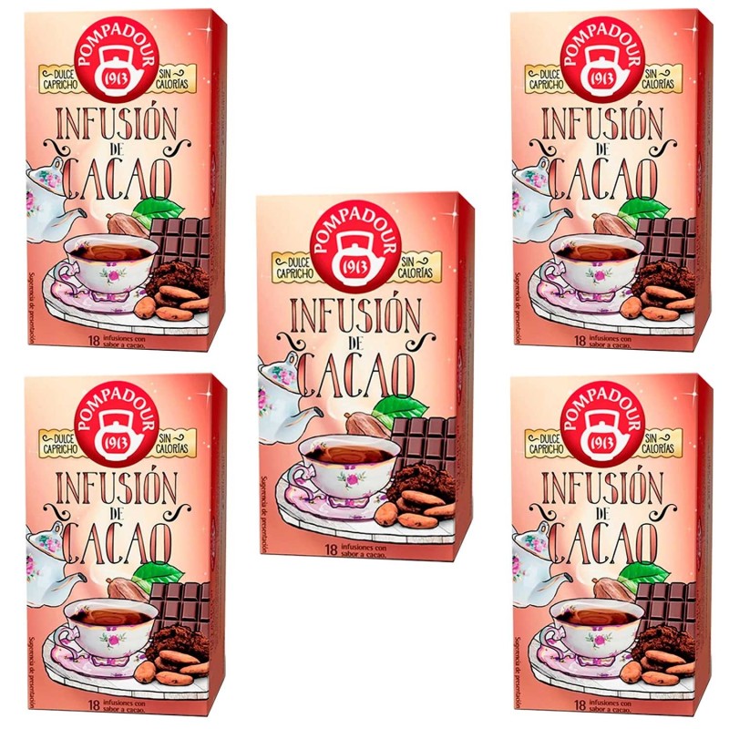 5 cajas de Infusión con sabor a Cacao Pompadour 18 bolsitas 8412900706814