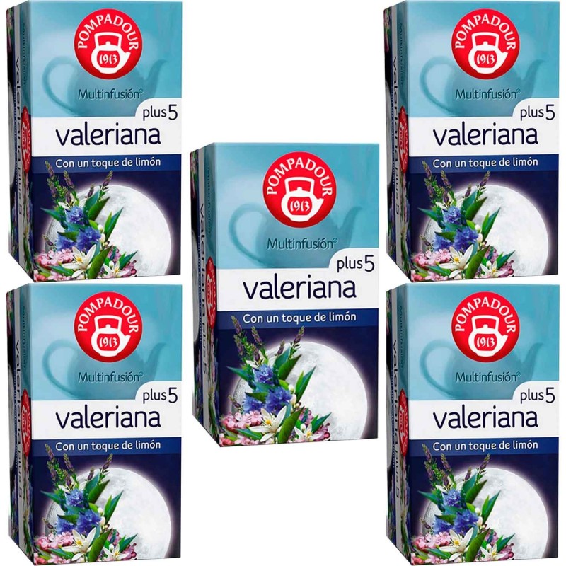 5 cajas de Valeriana Plus 5 de Pompadour, con sabor a limón 20 bolsitas 8412900401085